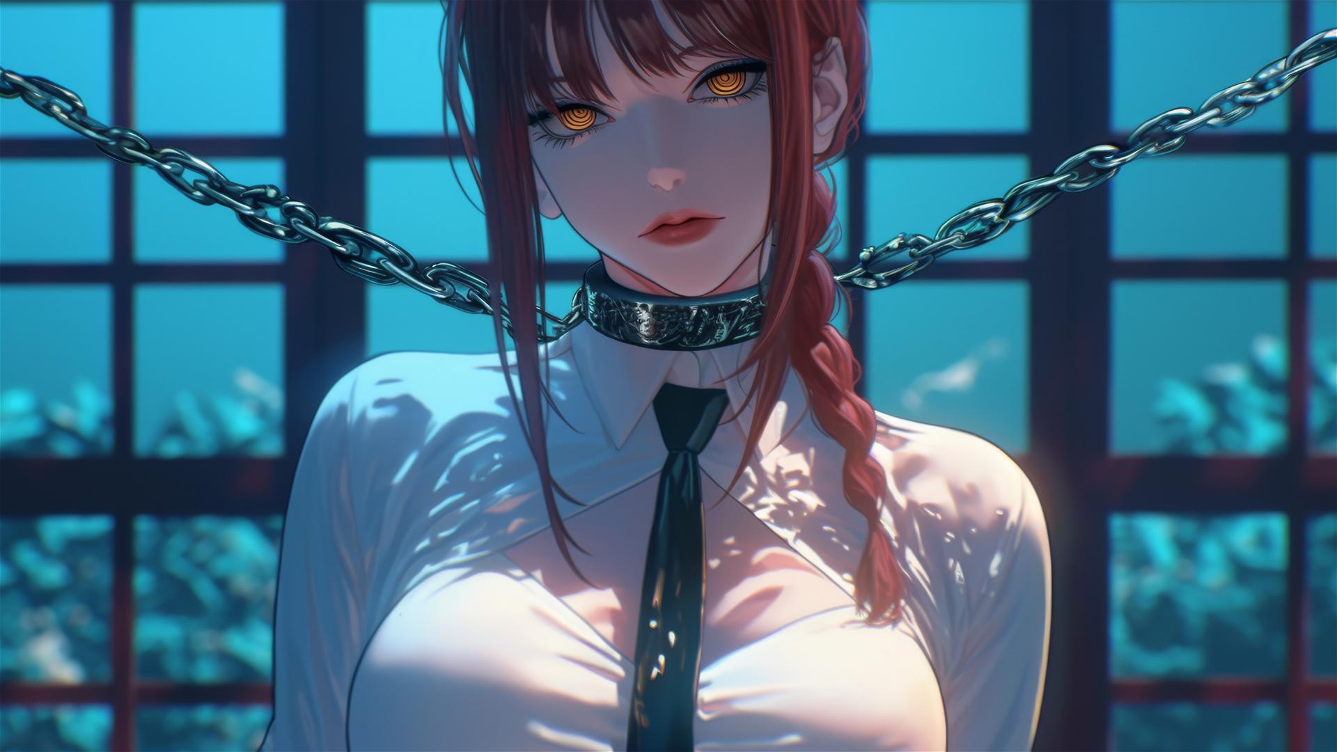 Makima from Chainsaw Man with chains, in moonlit modern office