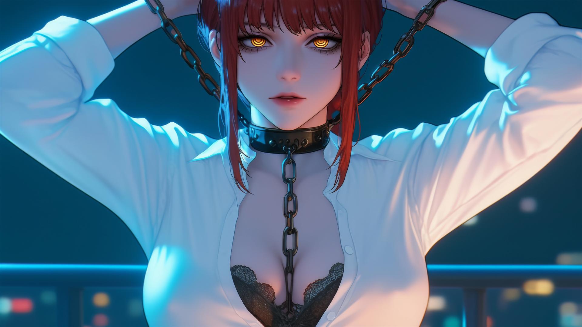Makima from Chainsaw Man locked with thick iron chains in a modern office under moonlight.