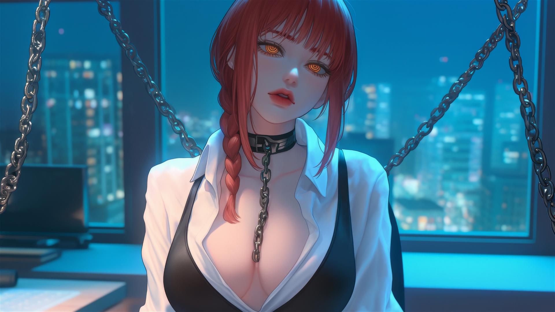 Makima from Chainsaw Man chained by the neck in a modern office with moonlight