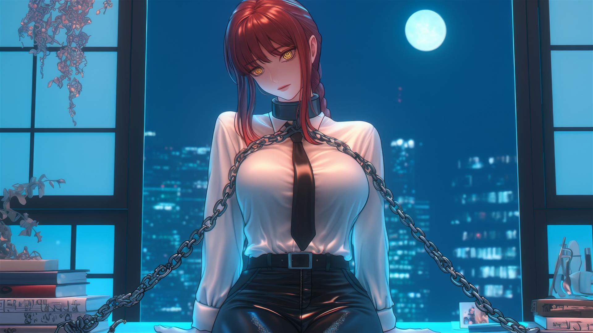 Makima from Chainsaw Man, chained in a modern office with moonlight glow