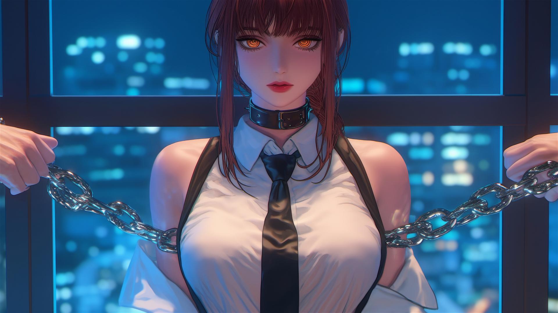 Makima from Chainsaw Man in modern office, neck locked with chains under moonlight