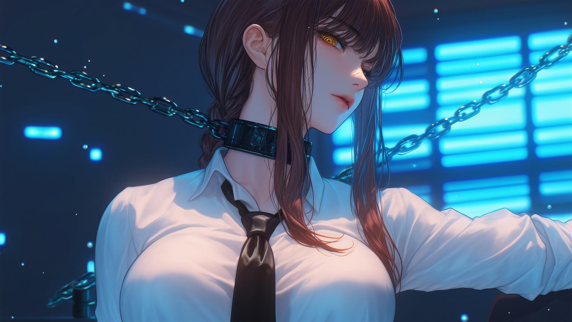 Makima from Chainsaw Man with neck locked by thick iron chains in a modern office, illuminated by moonlight.