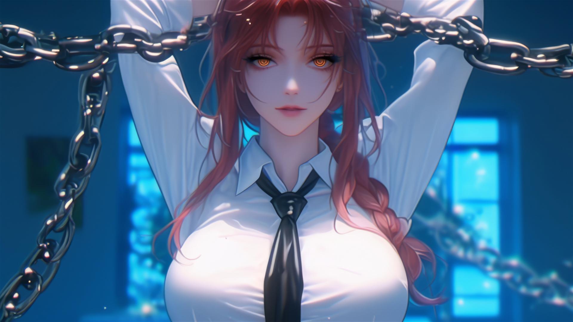 Makima from Chainsaw Man locked with thick iron chains in a modern office, illuminated by moonlight.