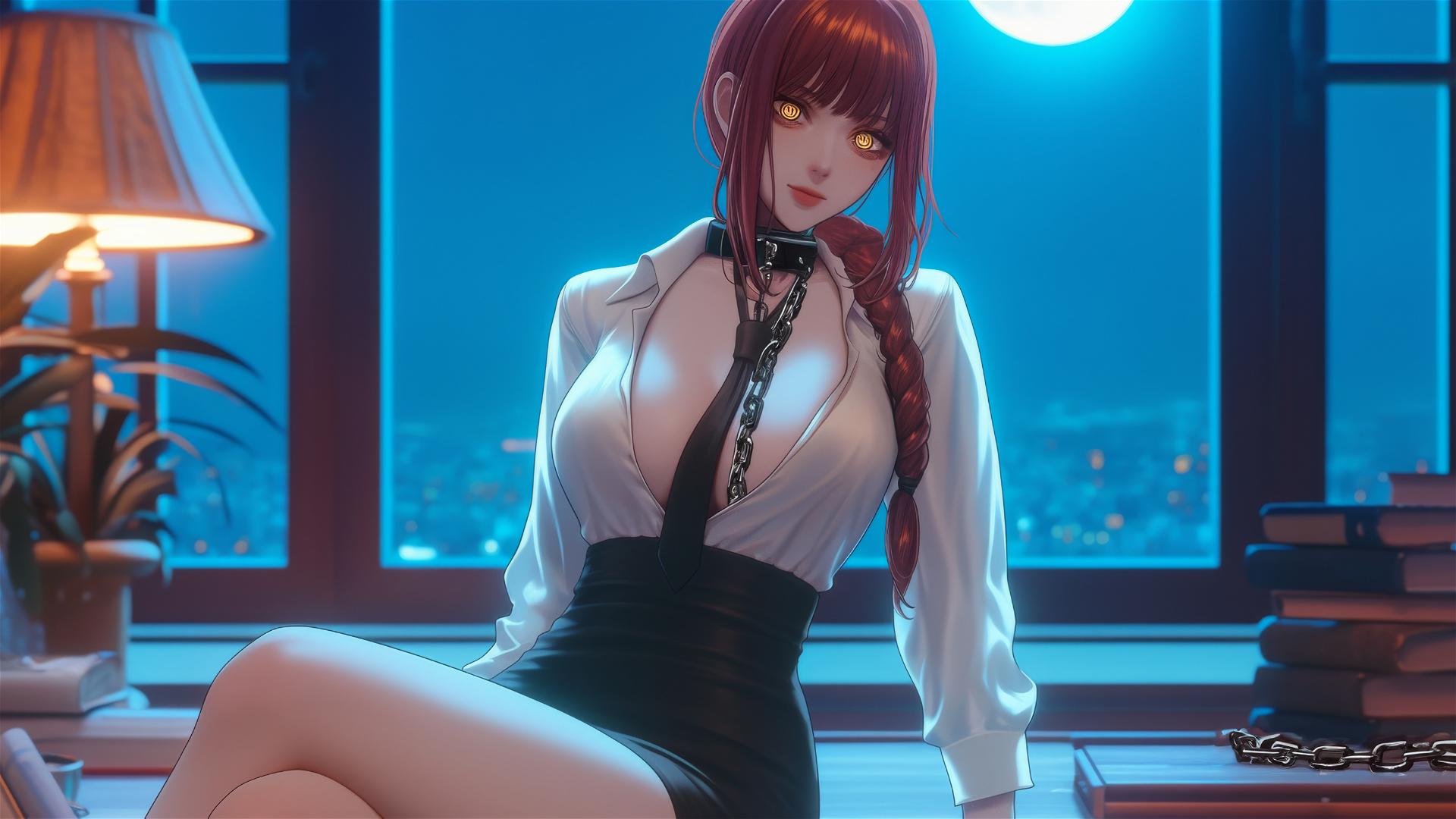 Makima in office with moonlight and iron chains