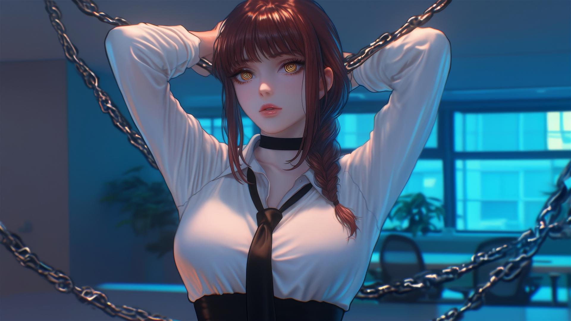 Makima from Chainsaw Man, neck locked with thick iron chains, moonlight glow.