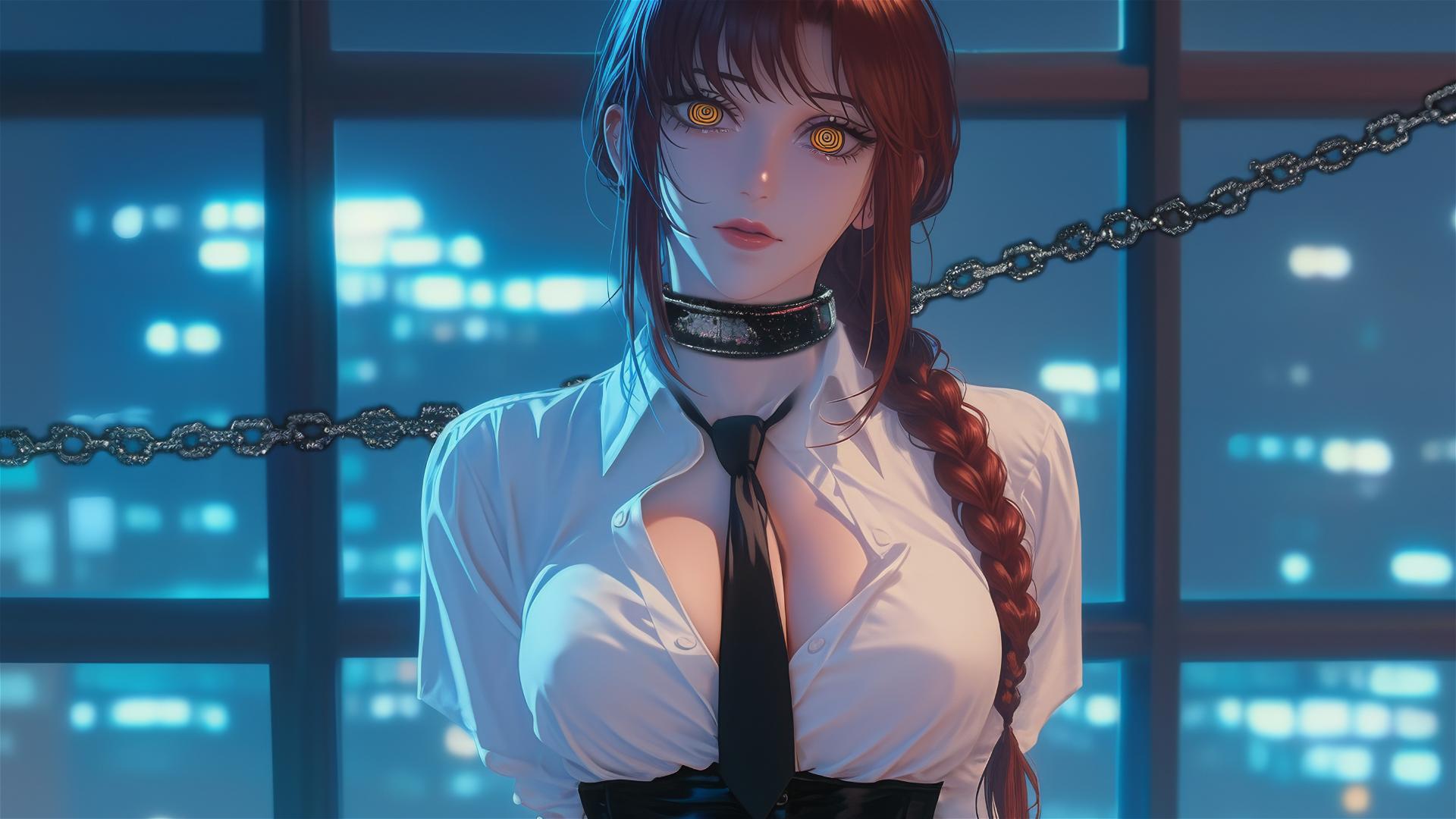 Makima from Chainsaw Man chained in a modern office, illuminated by moonlight.