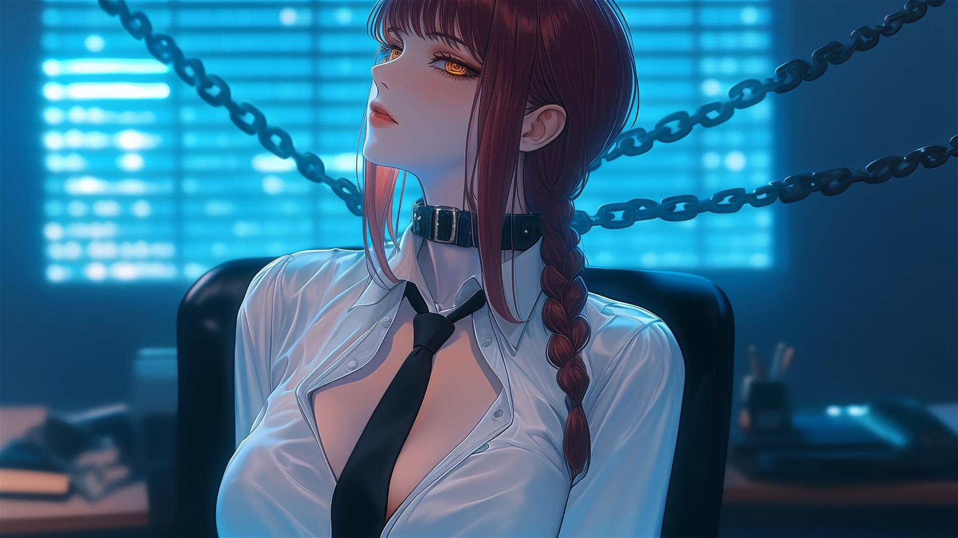 Makima from Chainsaw Man with chains in a modern office under moonlight
