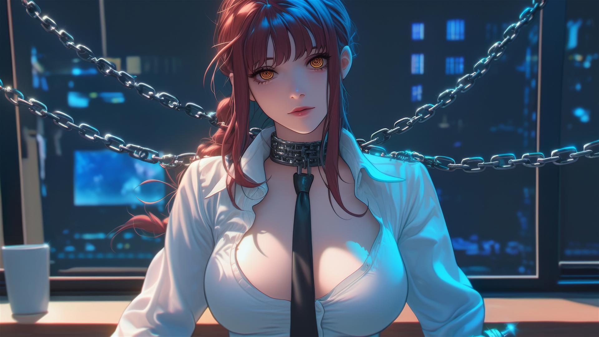 Makima from Chainsaw Man neck locked with thick iron chains in a modern office, illuminated by moonlight.