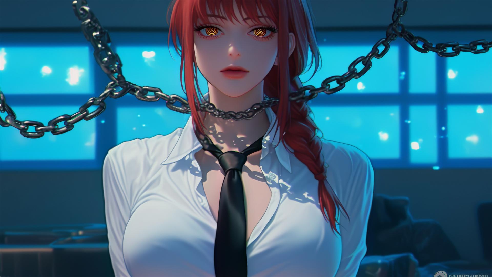 Makima from Chainsaw Man in modern office, neck locked with thick iron chains under moonlight