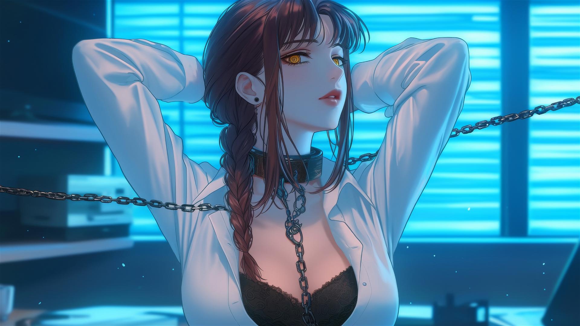 Makima from Chainsaw Man locked with iron chains in a modern office, moonlight glow