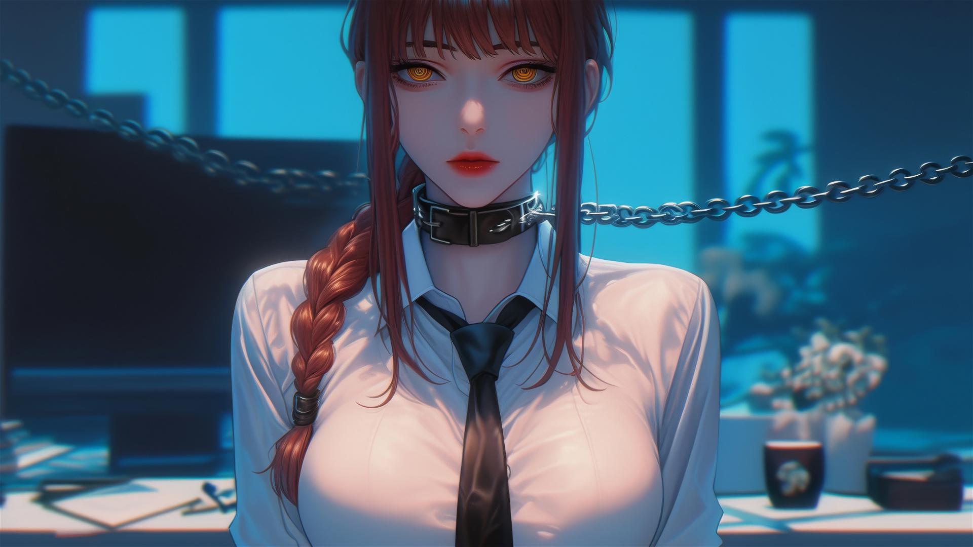 Makima from Chainsaw Man chained in a modern office under moonlight