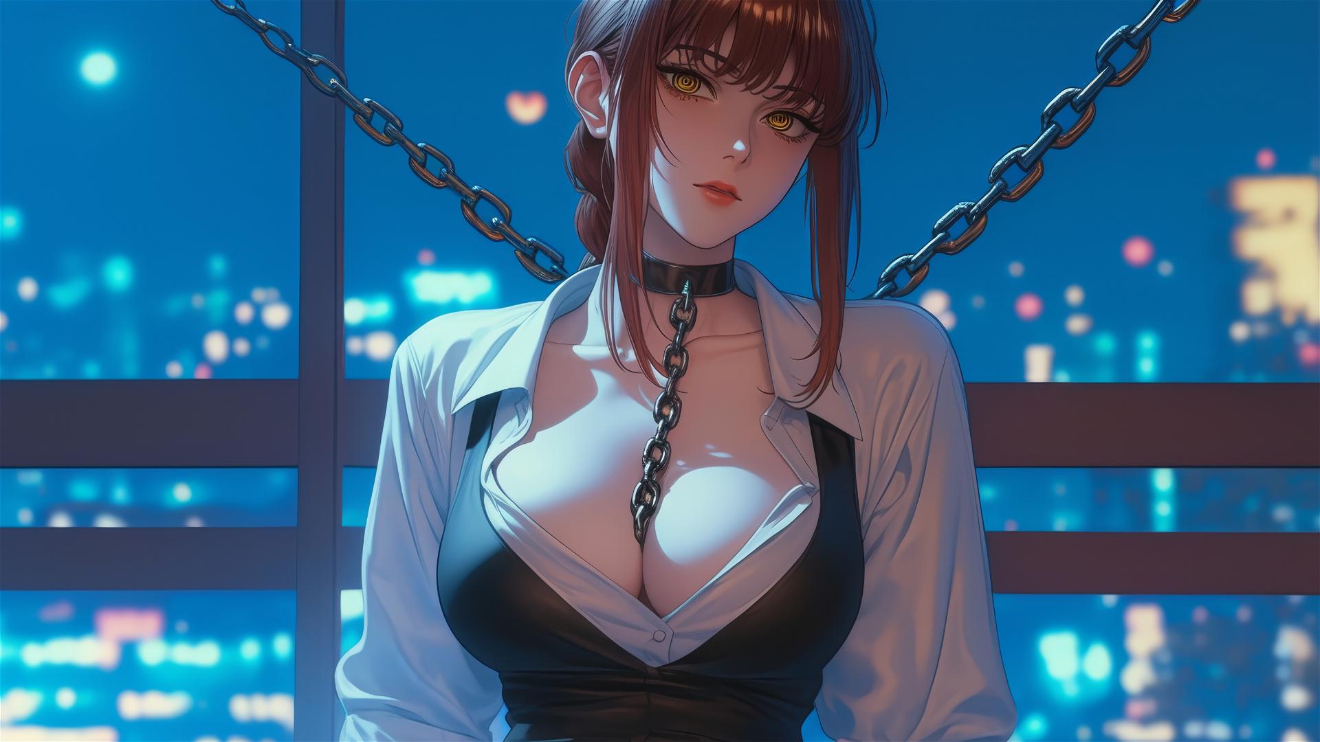 Makima in chains in moonlit office