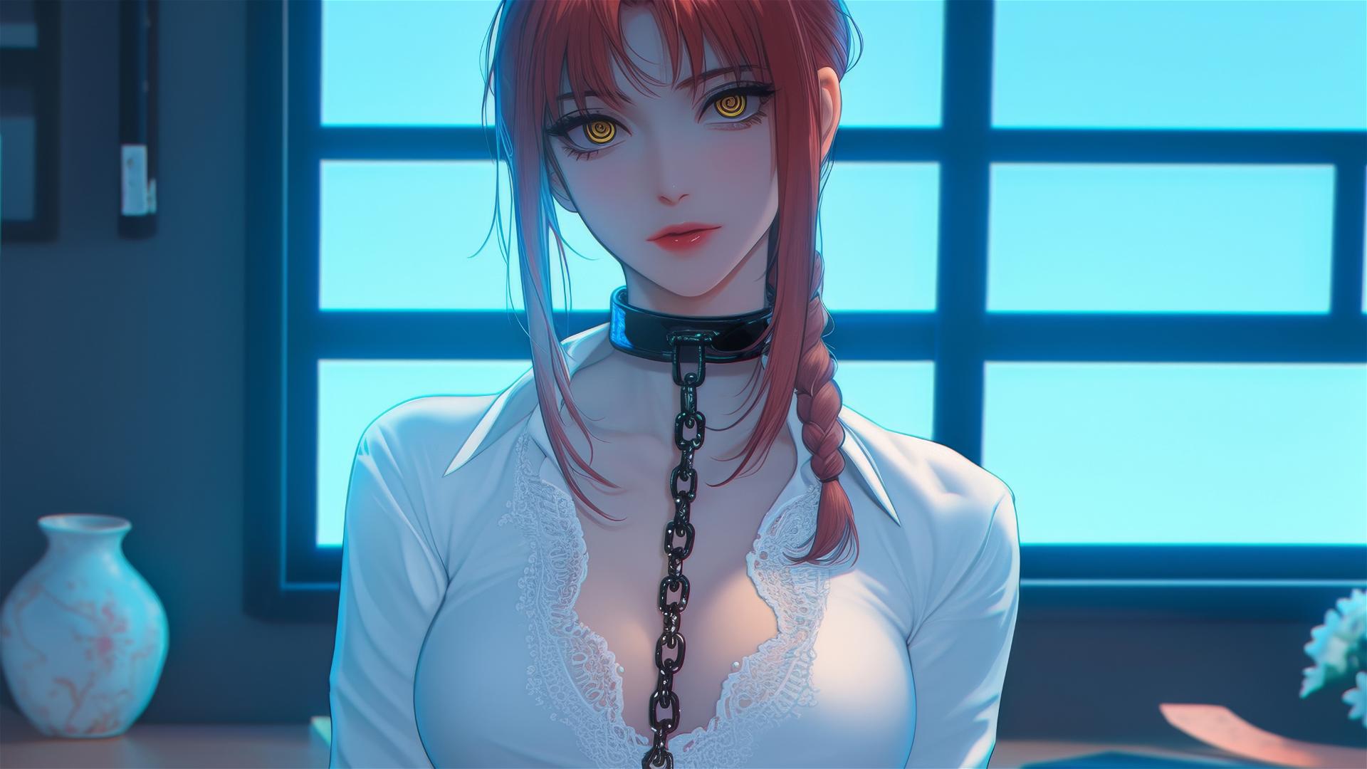 Makima from Chainsaw Man with iron chains in a modern office under moonlight