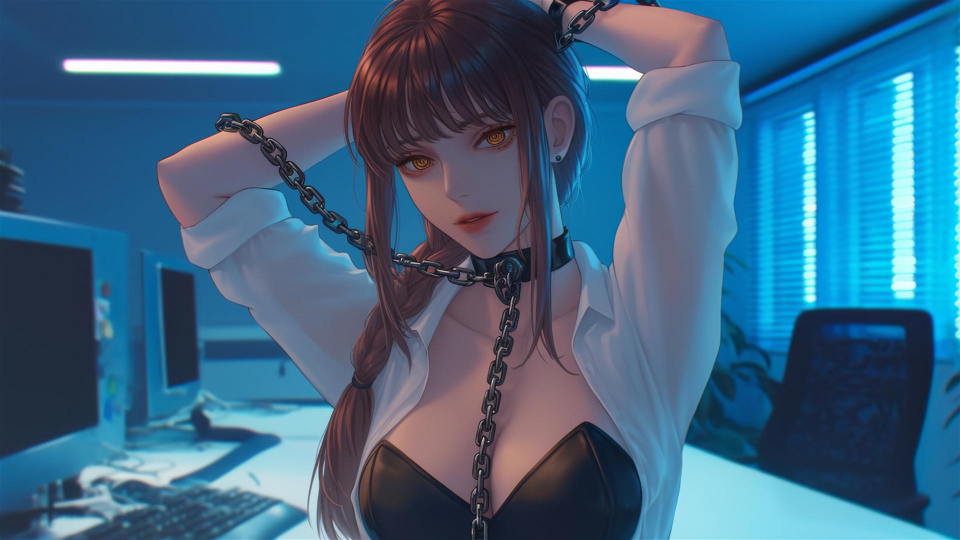 Makima from Chainsaw Man chained in a modern office under moonlight