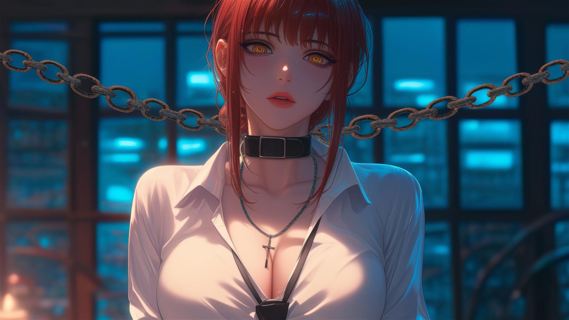 Makima from Chainsaw Man in a modern office, neck locked with thick iron chains, moonlight glow.
