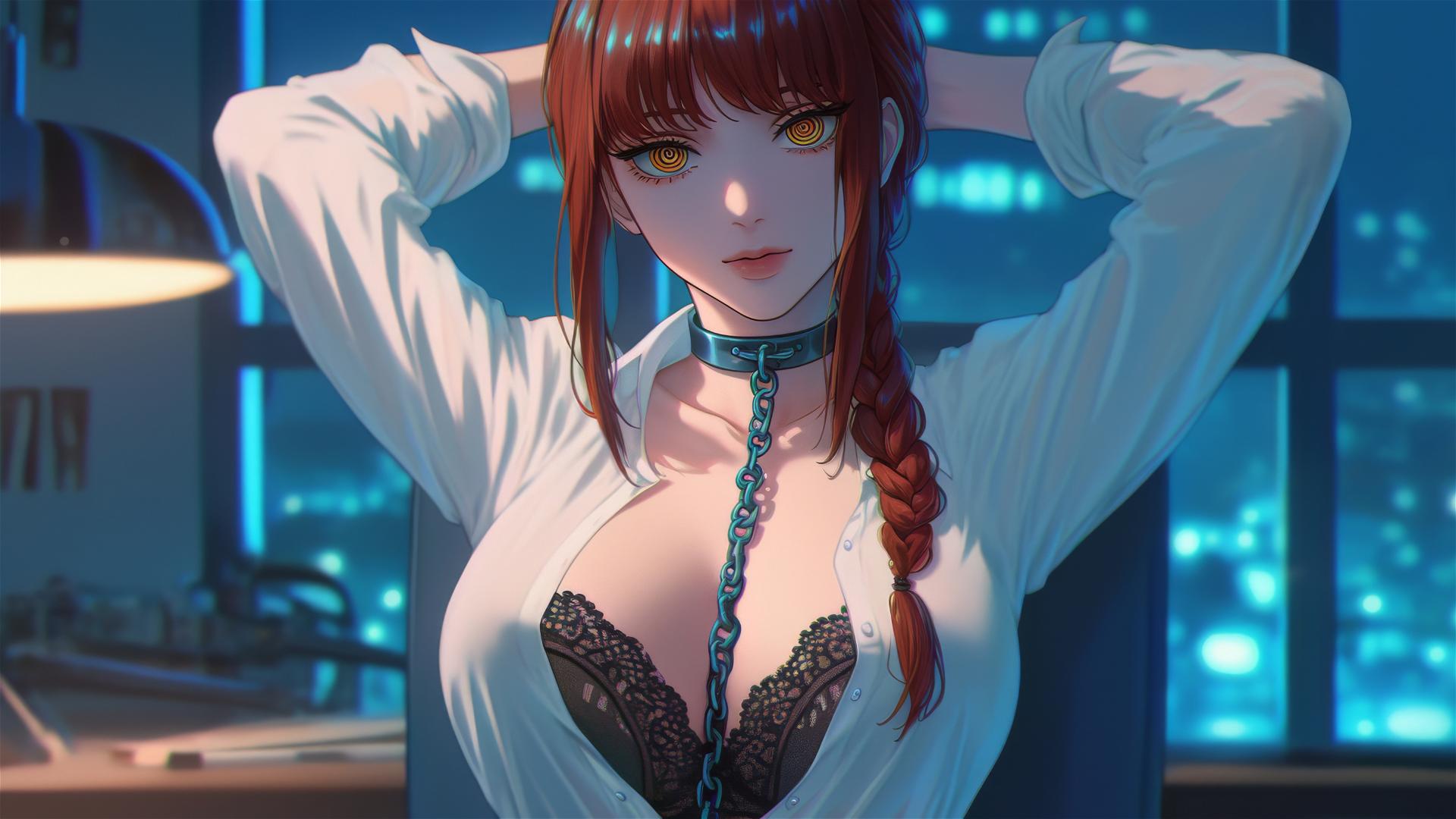 Makima from Chainsaw Man chained by the neck in a modern office illuminated by moonlight.