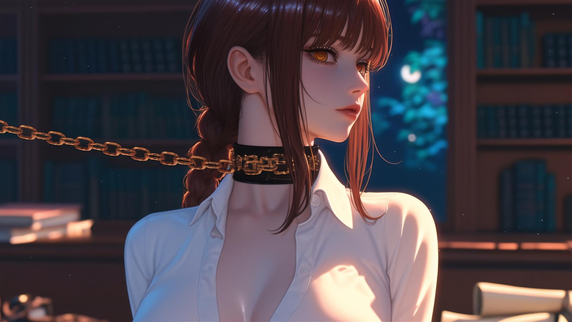 Makima from Chainsaw Man neck locked with iron chains in a modern office, moonlit.