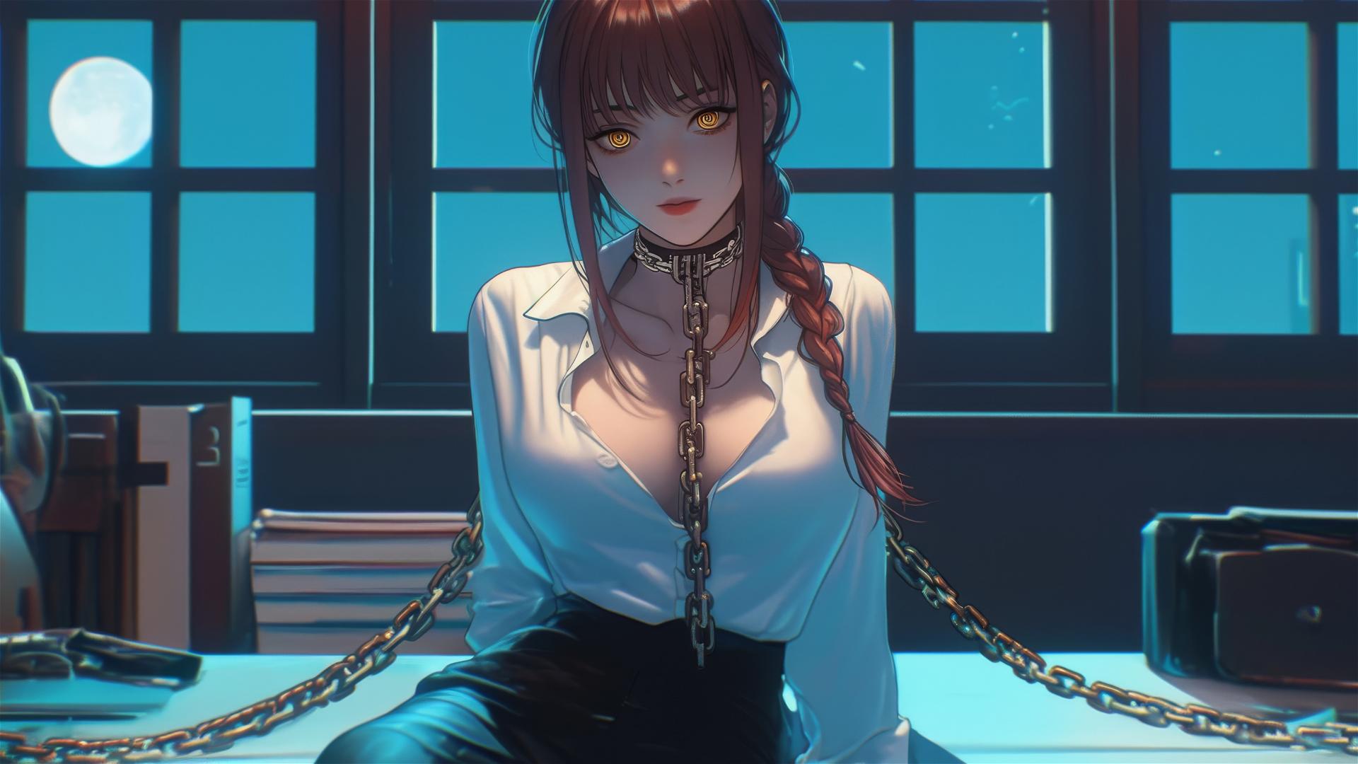 Makima from Chainsaw Man, chained neck in moonlit office