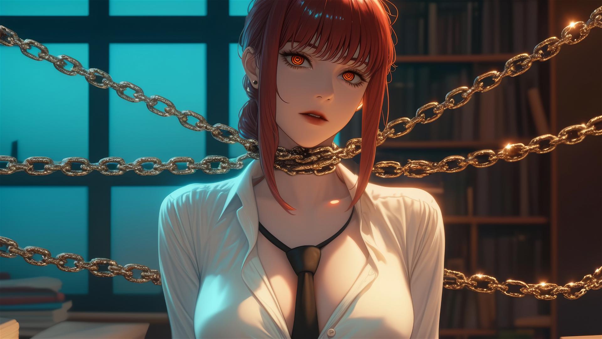 Makima from Chainsaw Man with iron chains in moonlit office