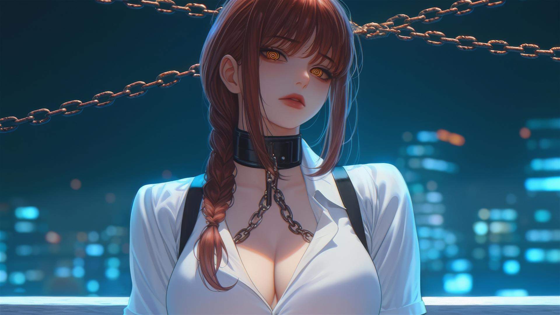 Makima from Chainsaw Man, chained, in modern office, moonlit glow