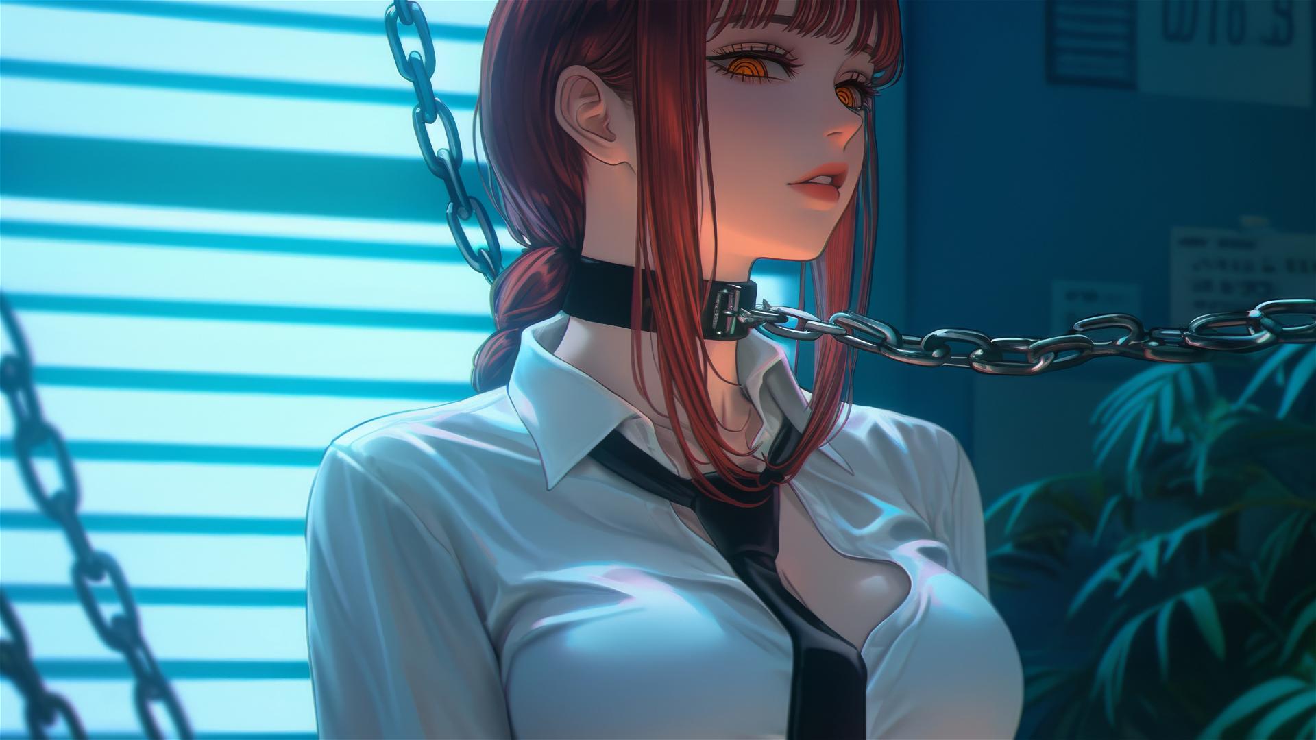 Makima from Chainsaw Man with iron chains in moonlit office