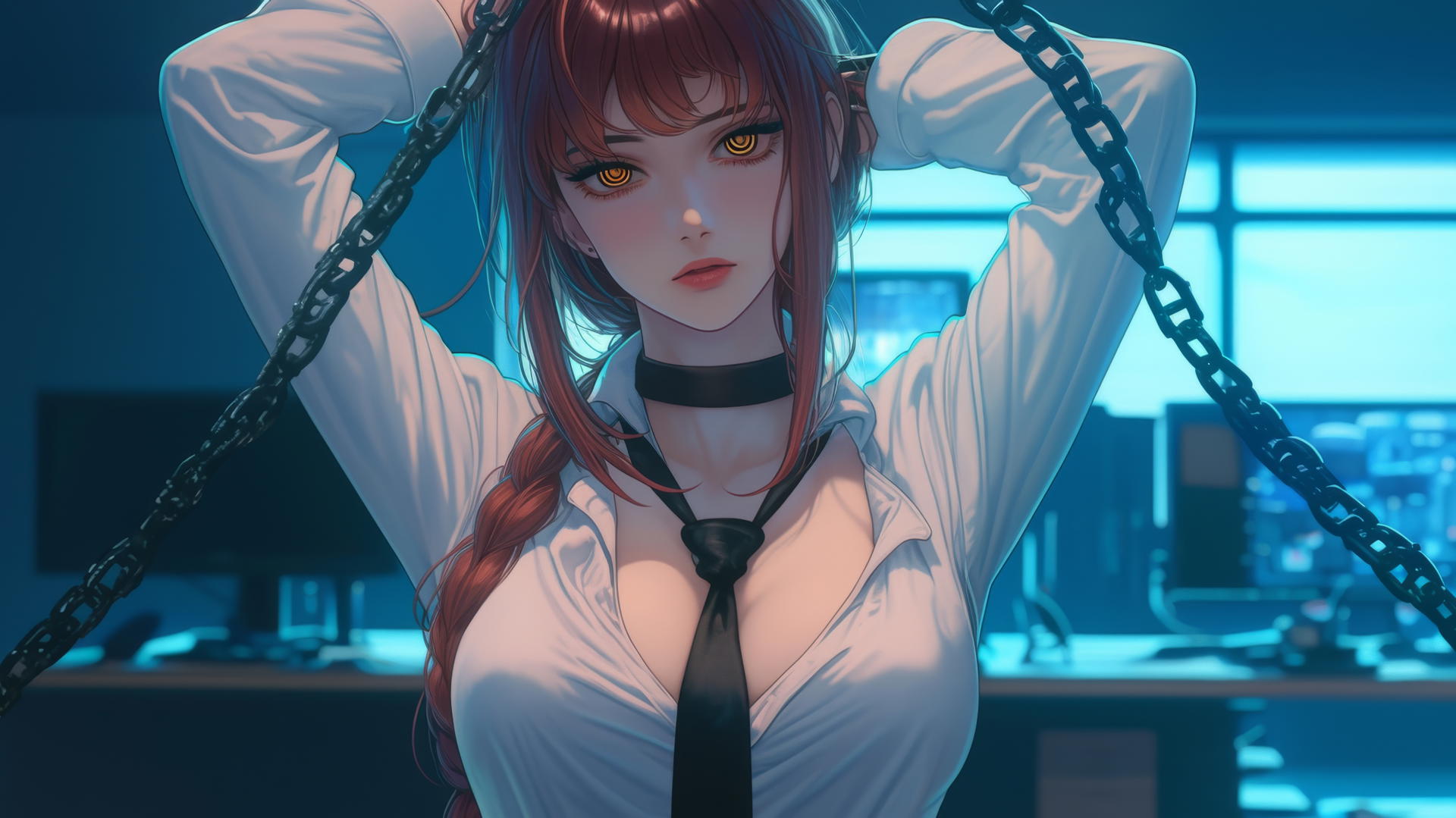 Makima from Chainsaw Man, neck locked with iron chains, in a modern office, moonlight glow
