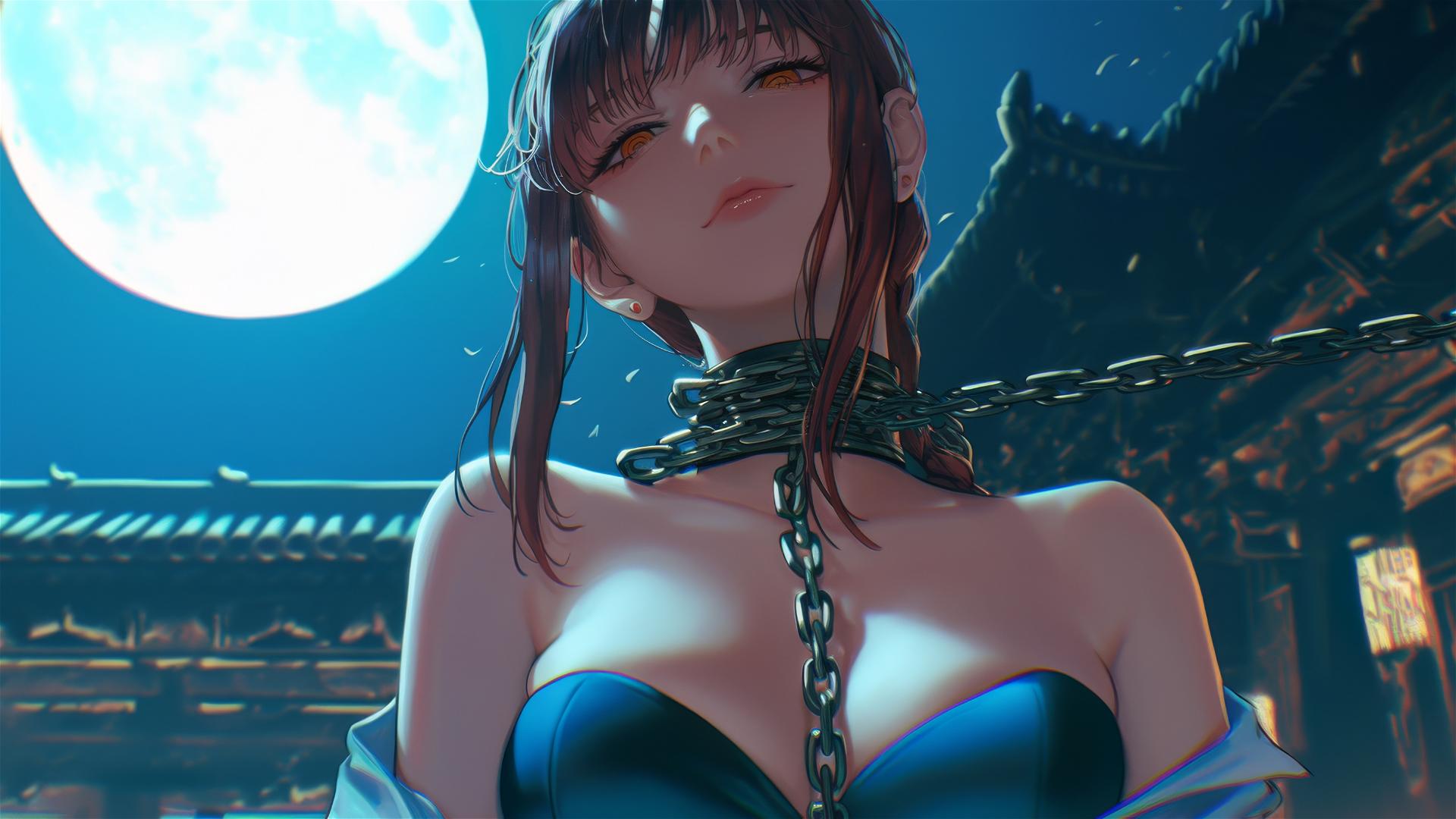 Makima from Chainsaw Man with neck in thick iron chains, moonlit stairwell