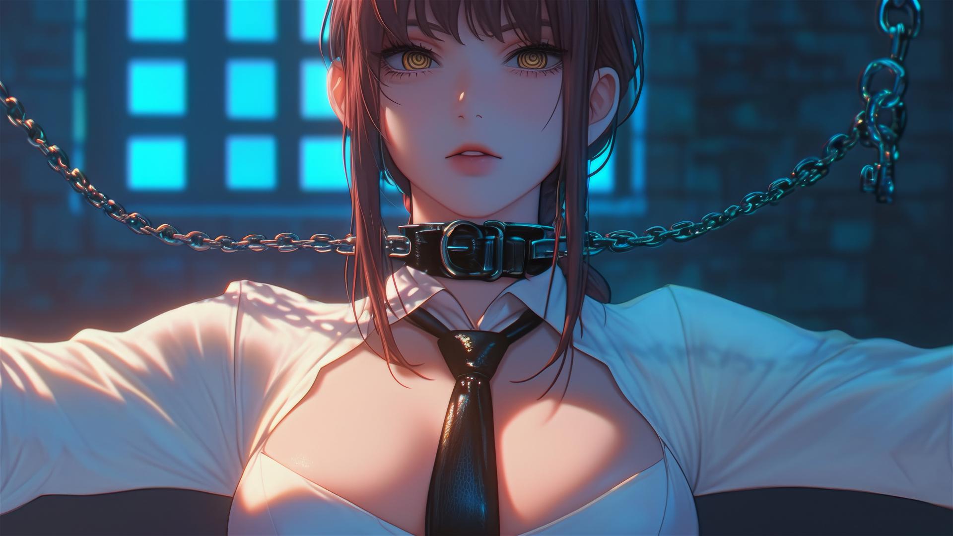 Makima from Chainsaw Man in a dark stairwell with thick iron chains around her neck, moonlight glow