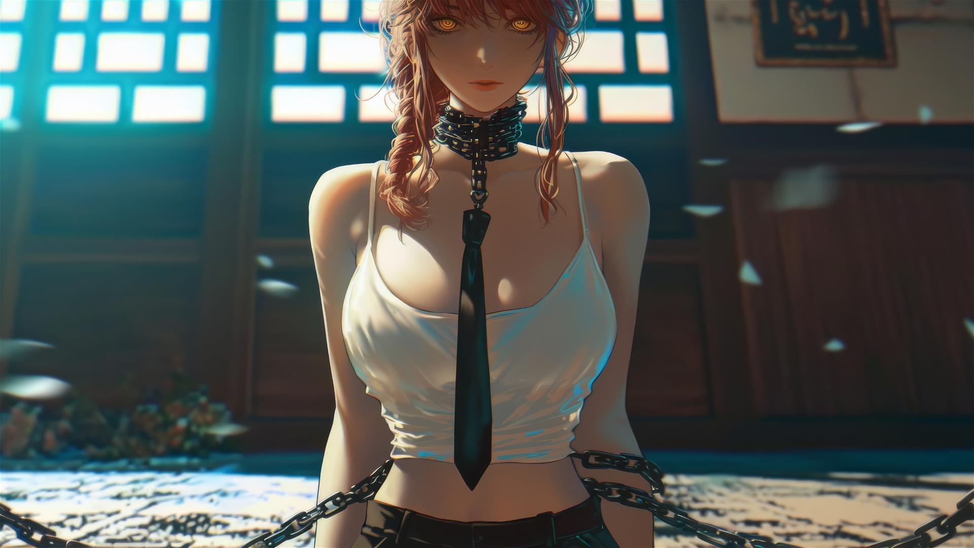 Makima from Chainsaw Man, neck locked with chains, dark stairwell, moonlight glow