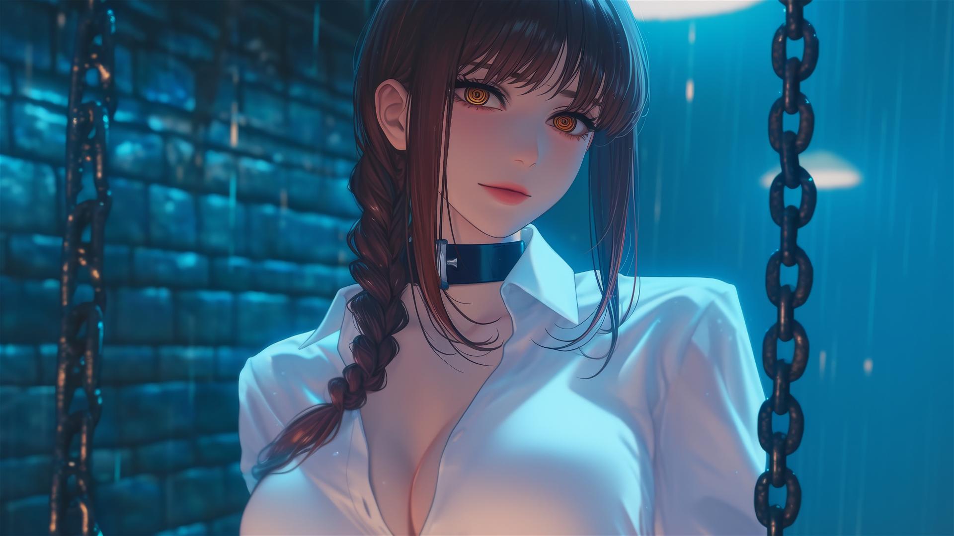 Makima from Chainsaw Man, neck locked with thick iron chains, in a dark stairwell, beautiful with moonlight glow