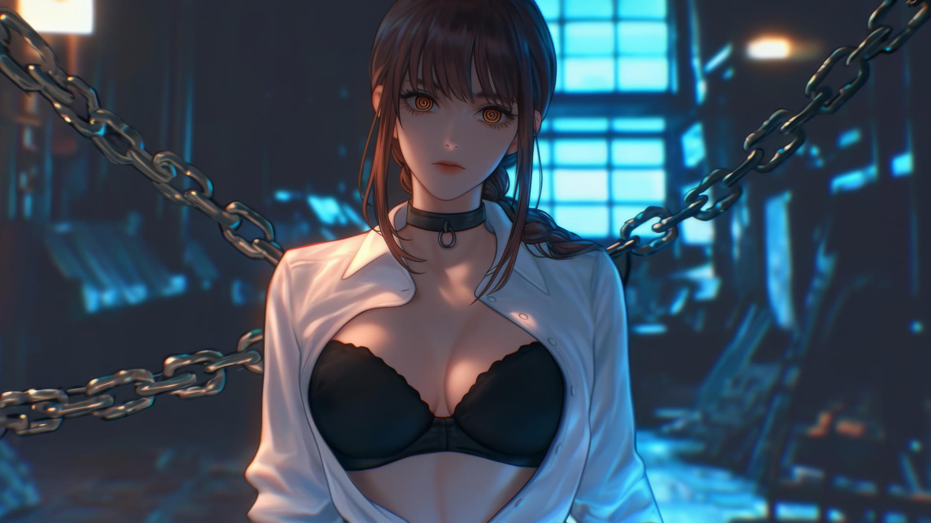 Makima from Chainsaw Man, neck locked with iron chains in dark stairwell