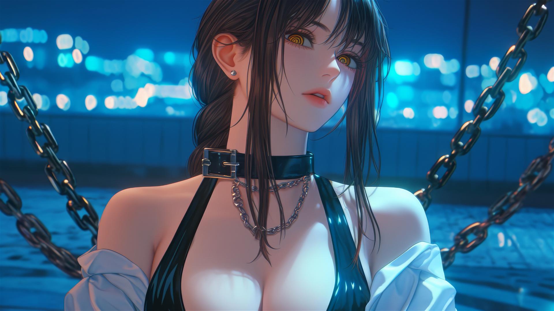 Makima from Chainsaw Man, chained in dark stairwell with moonlight glow.