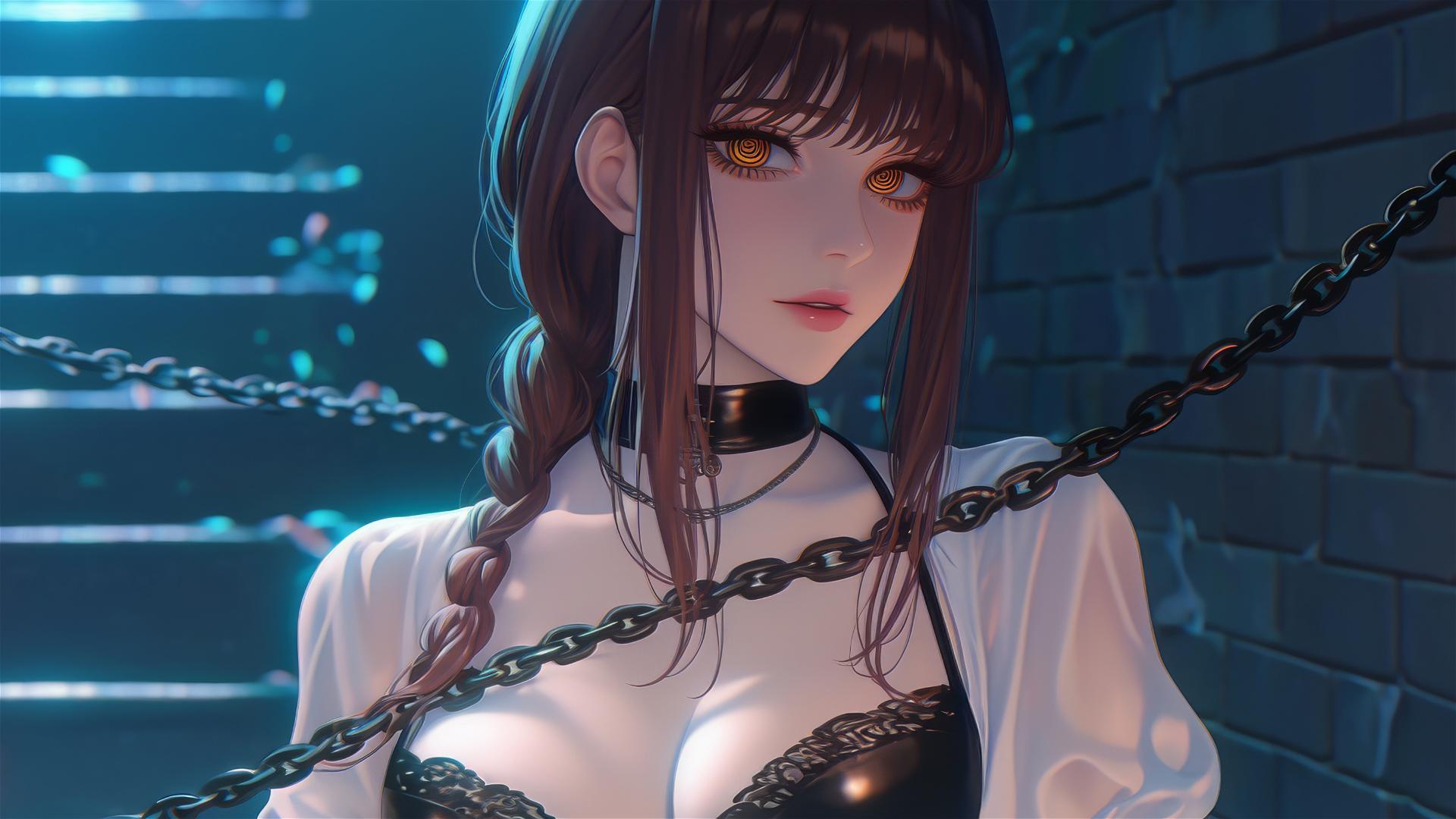 Makima chained in a dark stairwell under moonlight