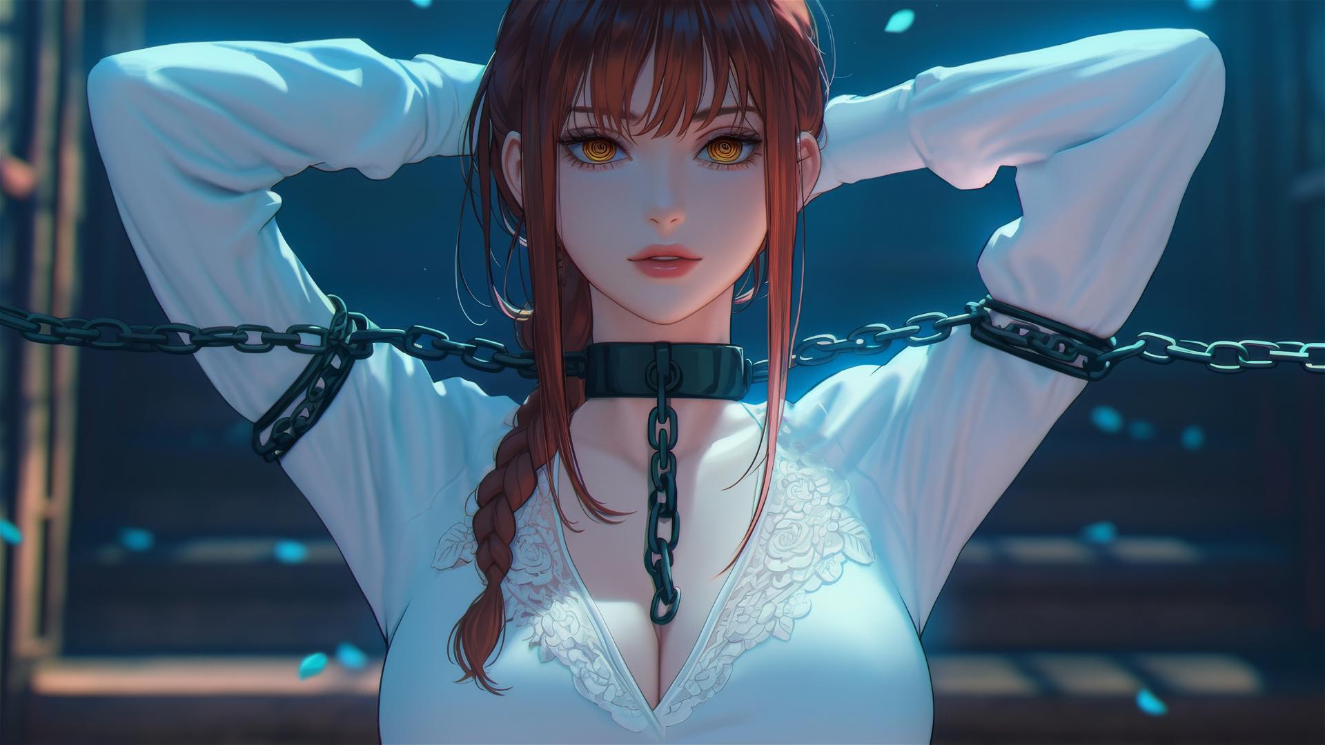 Makima from Chainsaw Man with neck locked in thick iron chains in dark stairwell