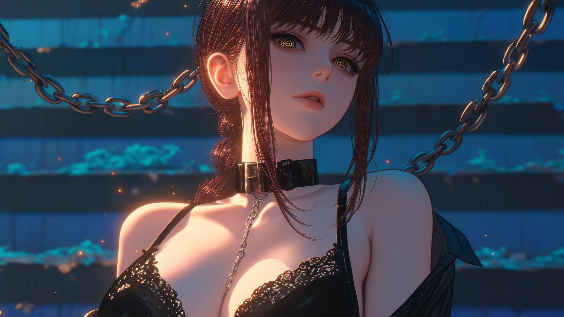 Makima from Chainsaw Man in a dark stairwell, neck locked with thick iron chains, dim light glow