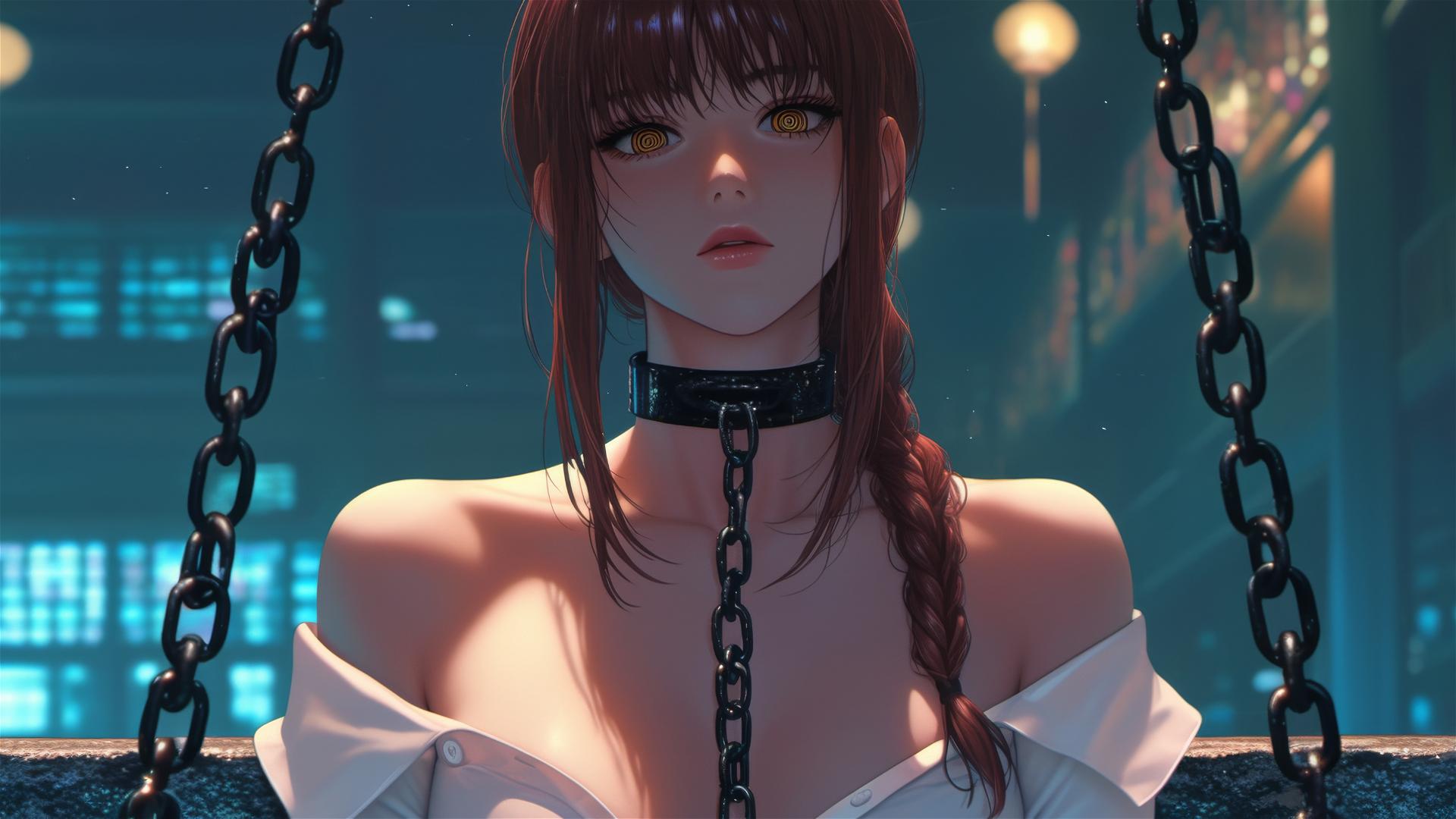 Makima from Chainsaw Man with iron chains in a dimly lit stairwell