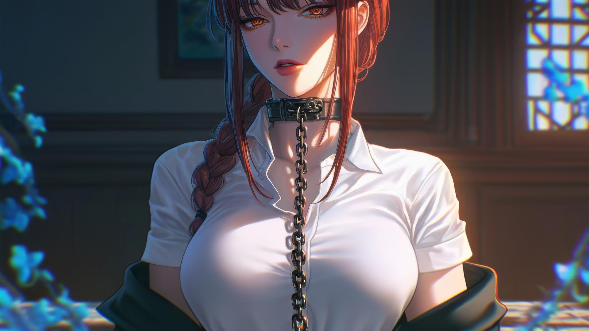 Makima from Chainsaw Man with neck locked in thick iron chains in a dimly lit stairwell