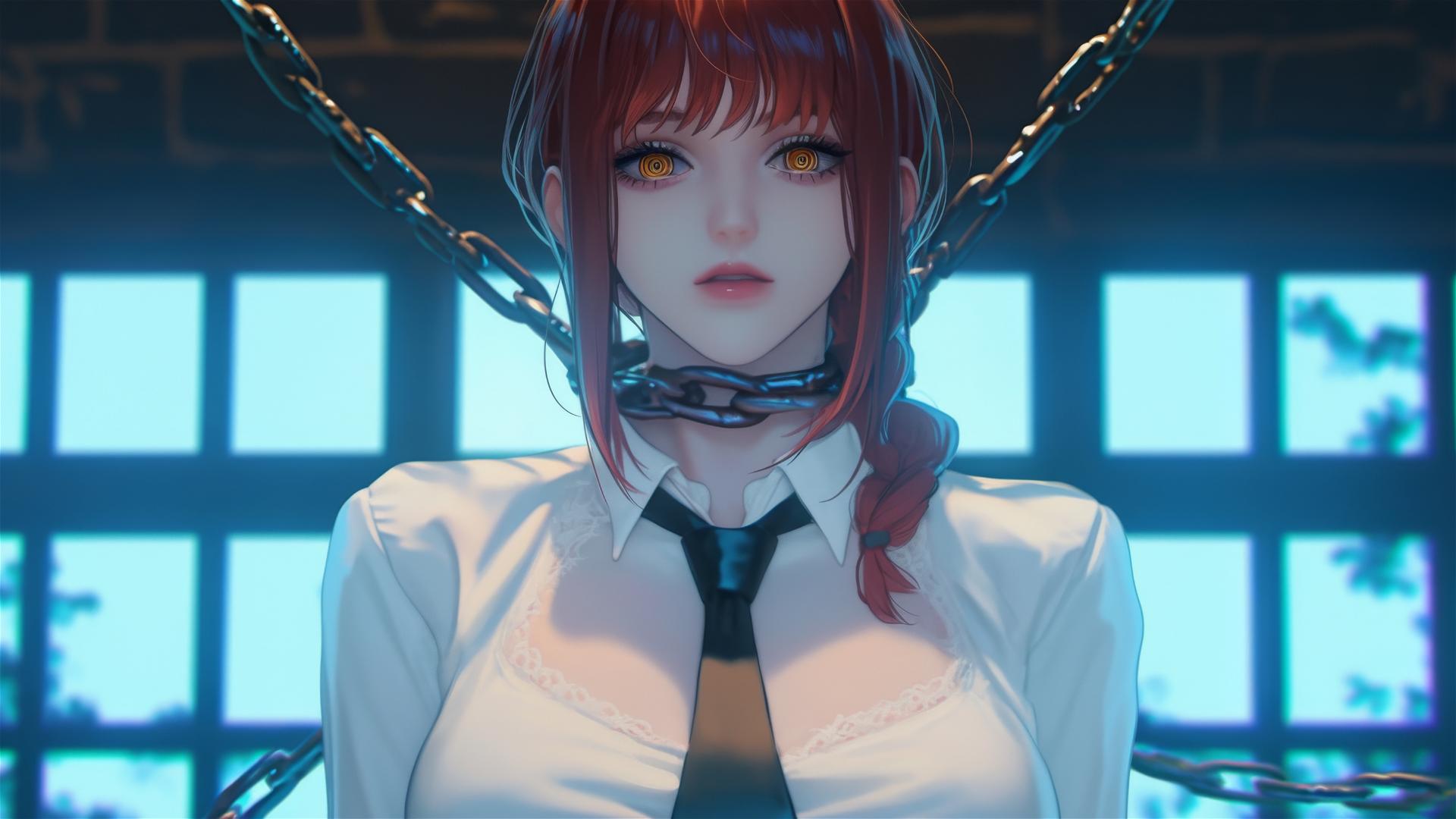 Makima from Chainsaw Man locked with thick iron chains in a dark stairwell, dim light