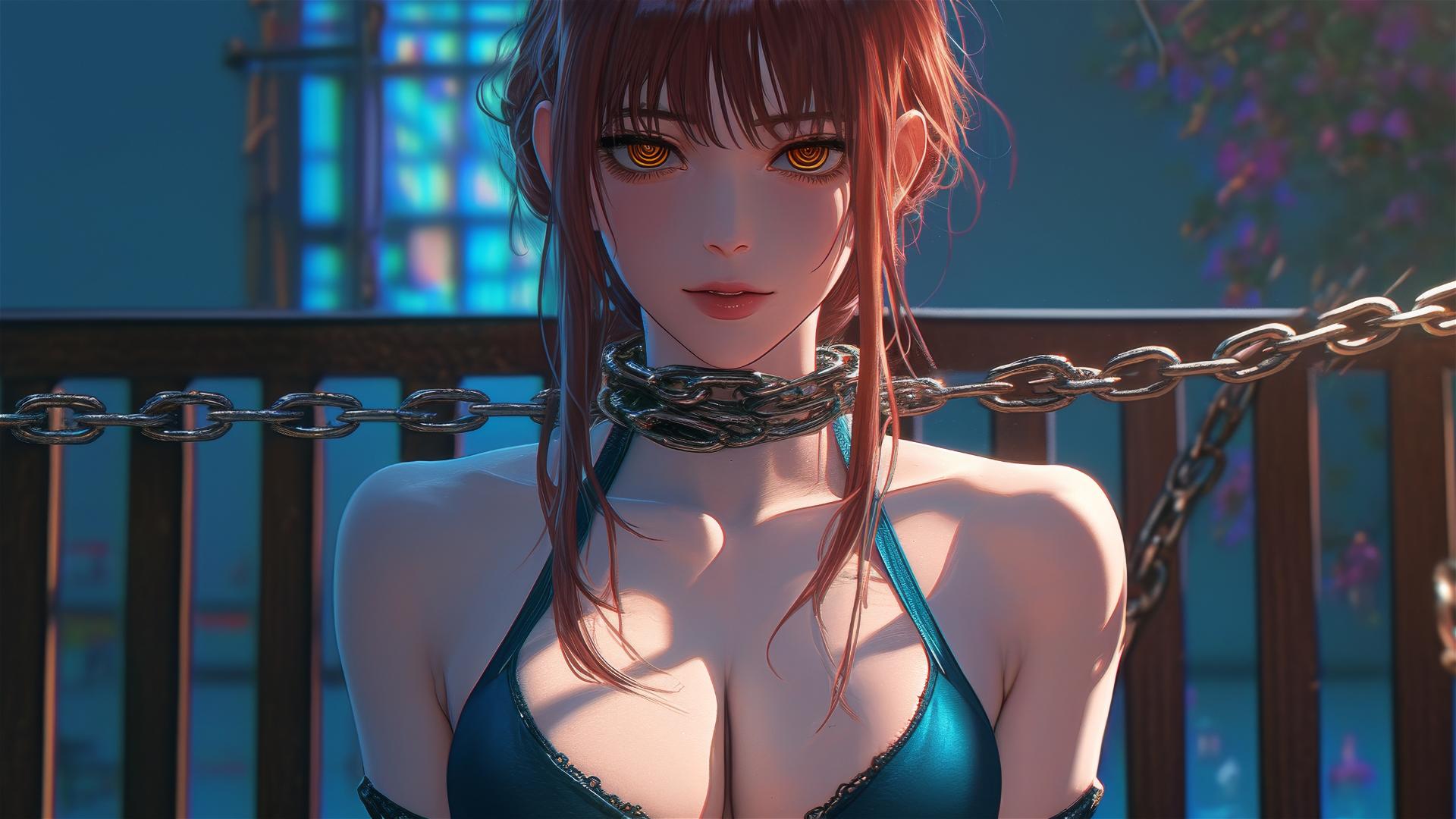 Makima from Chainsaw Man locked in thick iron chains in a dark stairwell