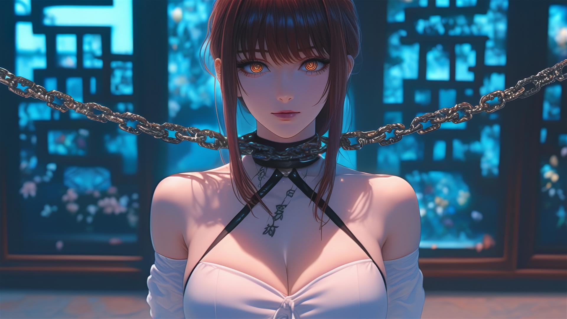 Makima from Chainsaw Man in a dark basement with iron chains and dim light.
