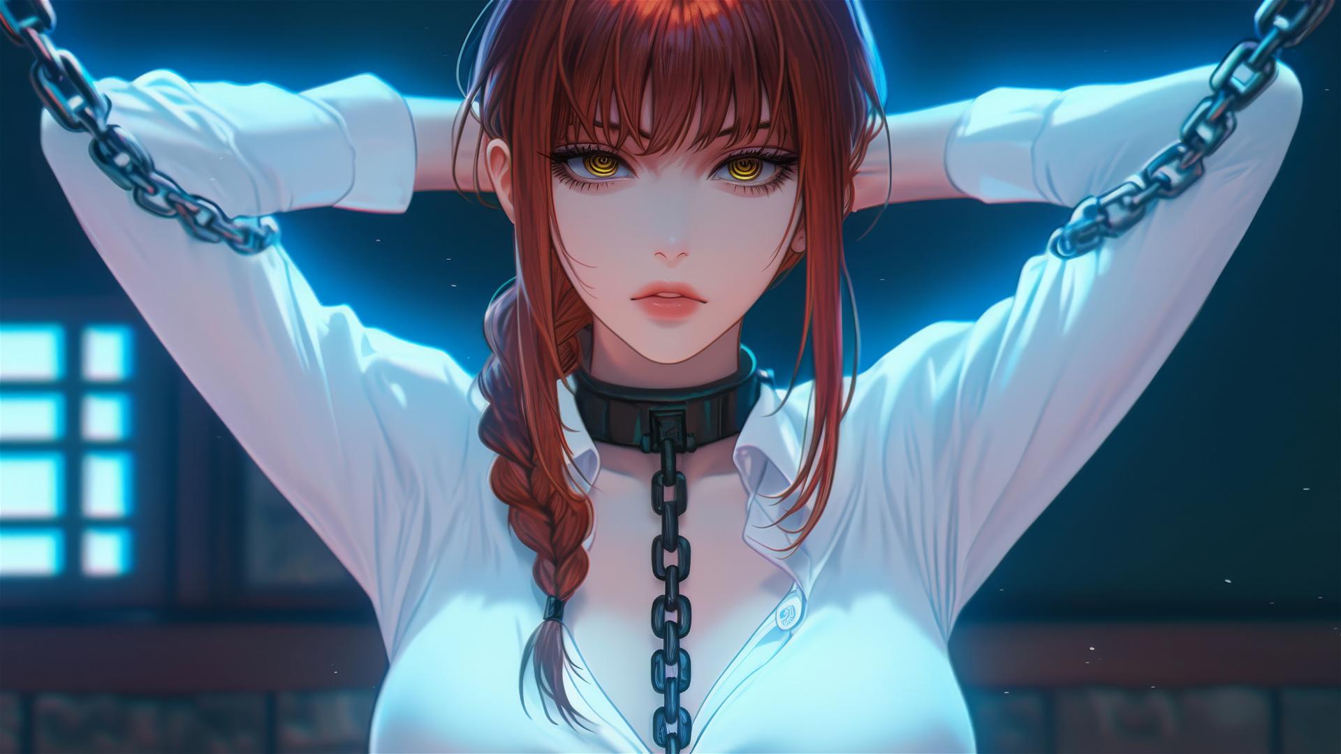 Makima from Chainsaw Man, neck locked with iron chains, in a dimly lit basement