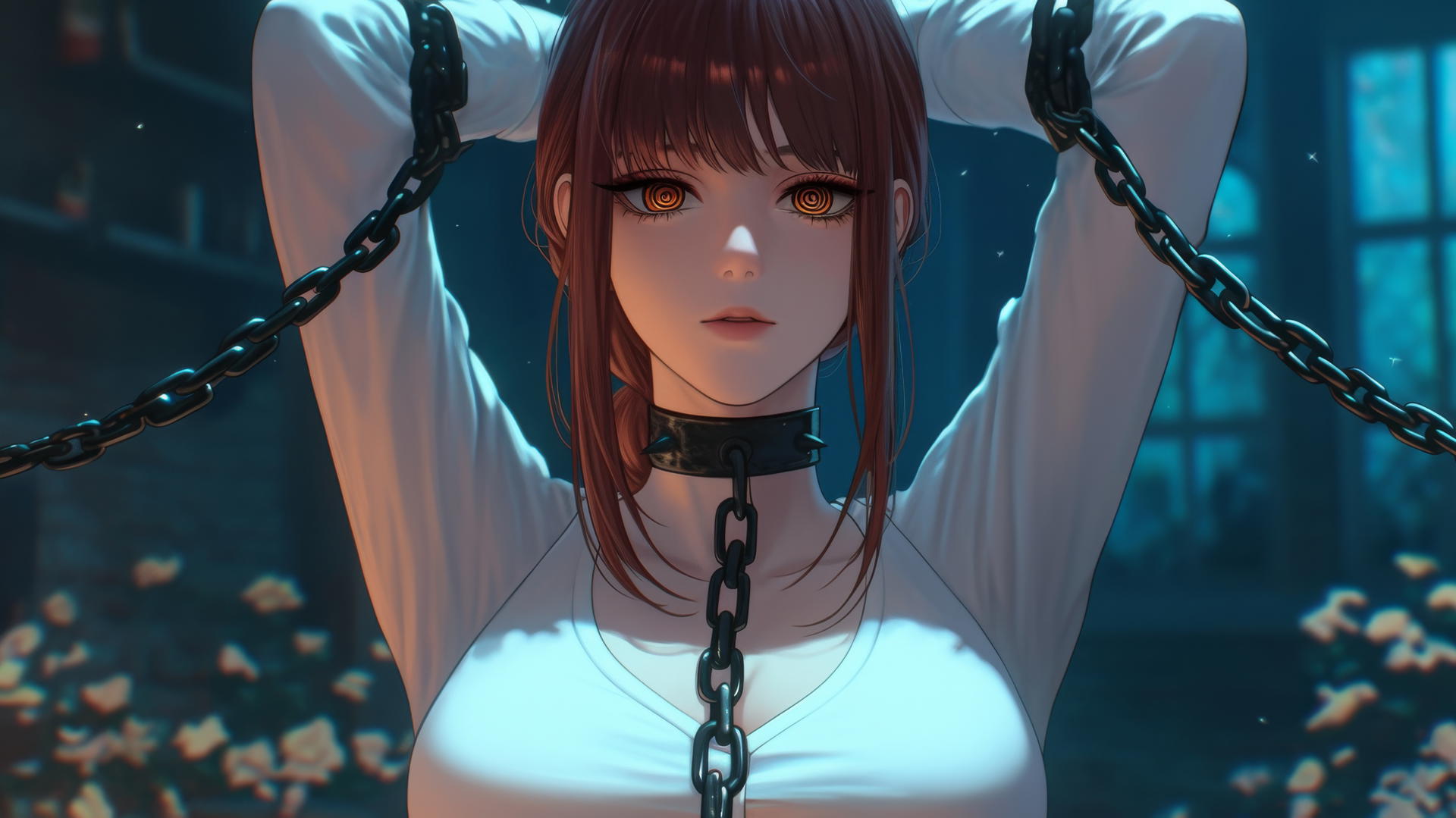 Makima with iron chains in a dimly lit basement