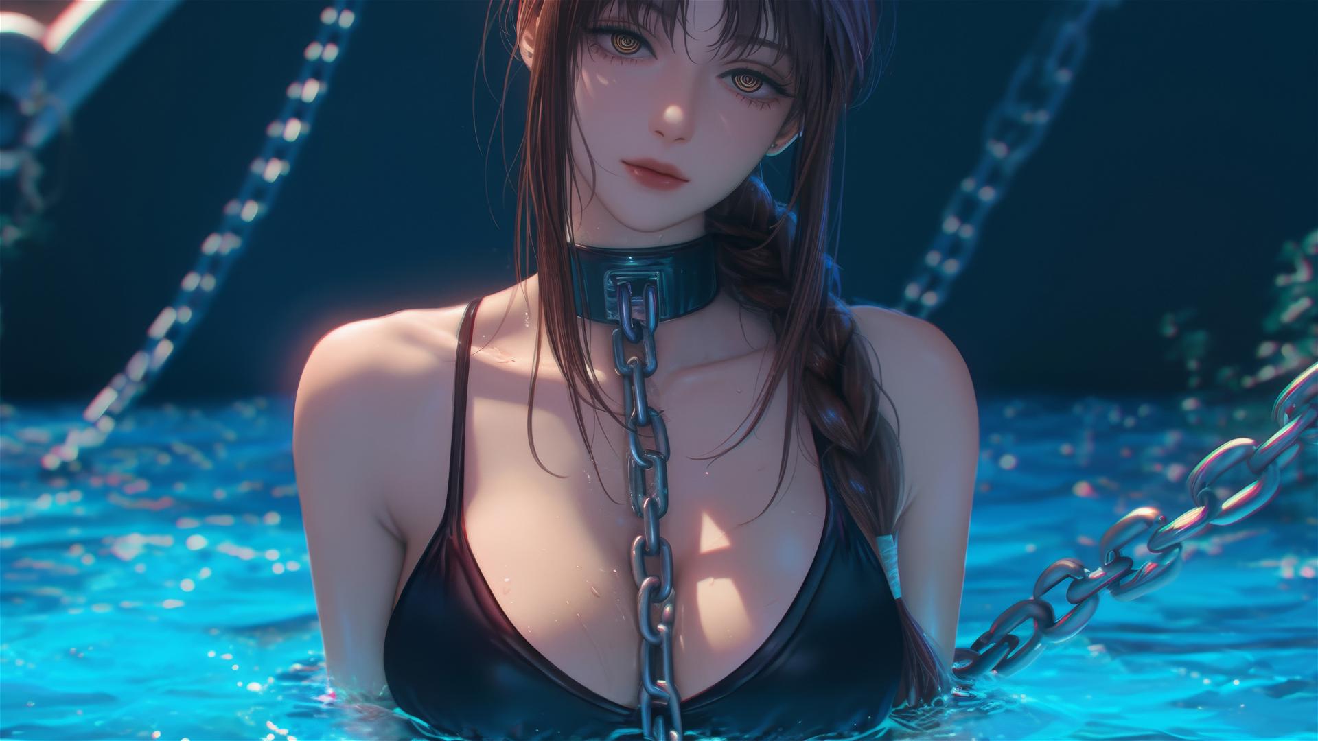 Makima from Chainsaw Man in a dimly lit basement, neck locked with thick iron chains