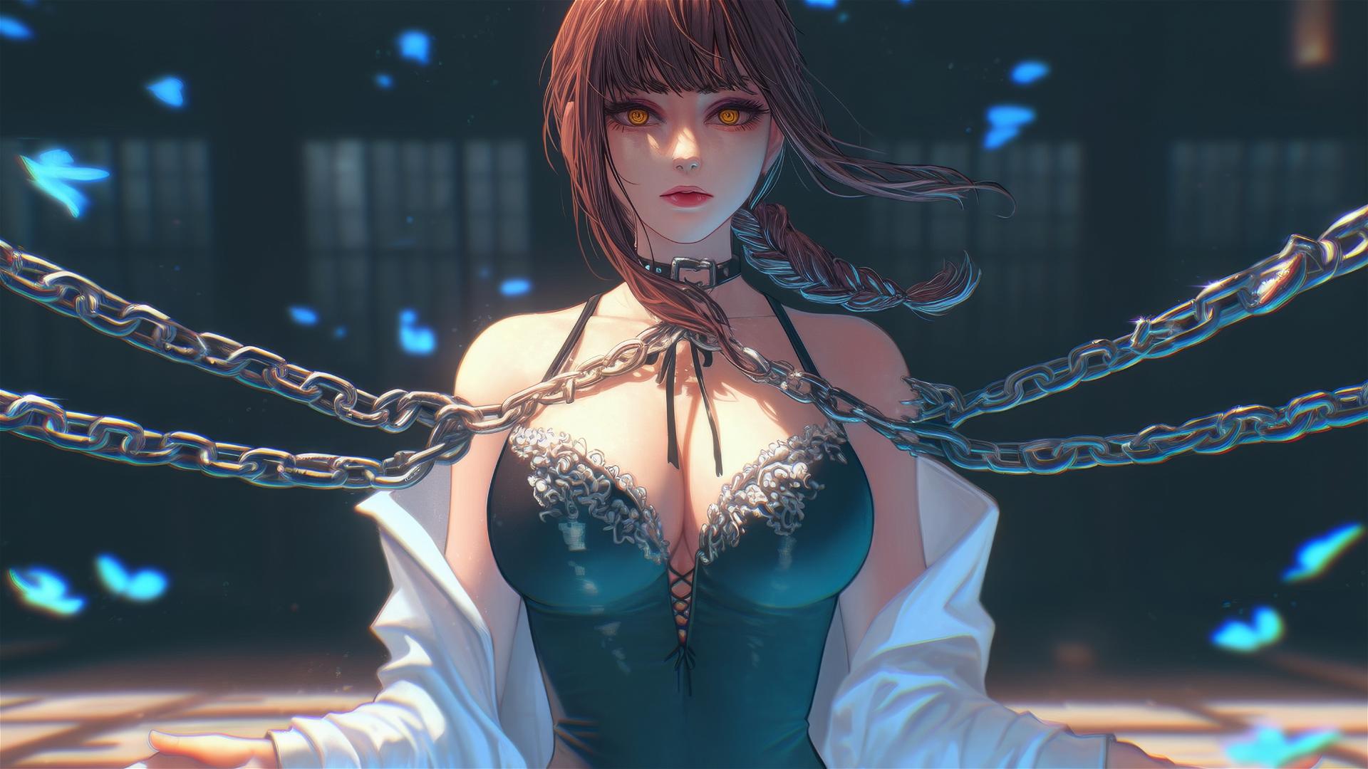 Makima from Chainsaw Man in a dark basement with thick iron chains and dim light.