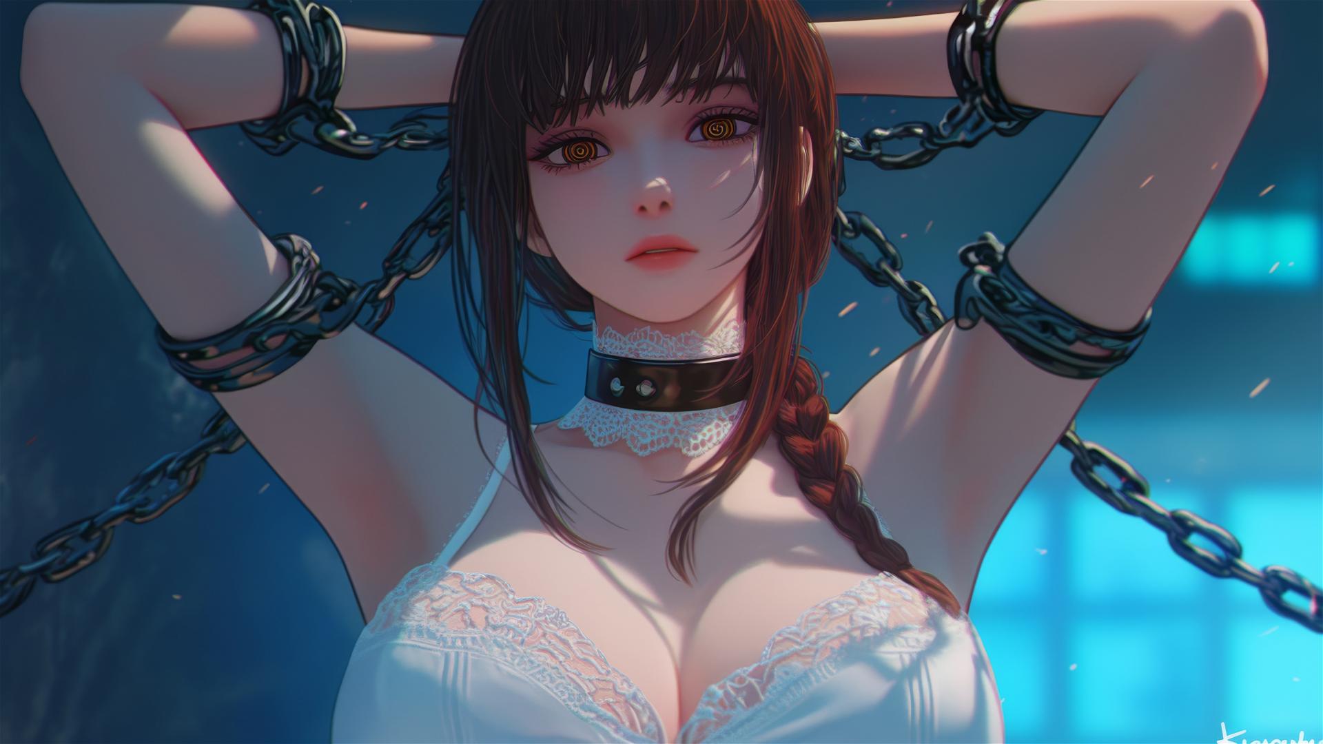 Makima locked in chains in a dimly lit basement