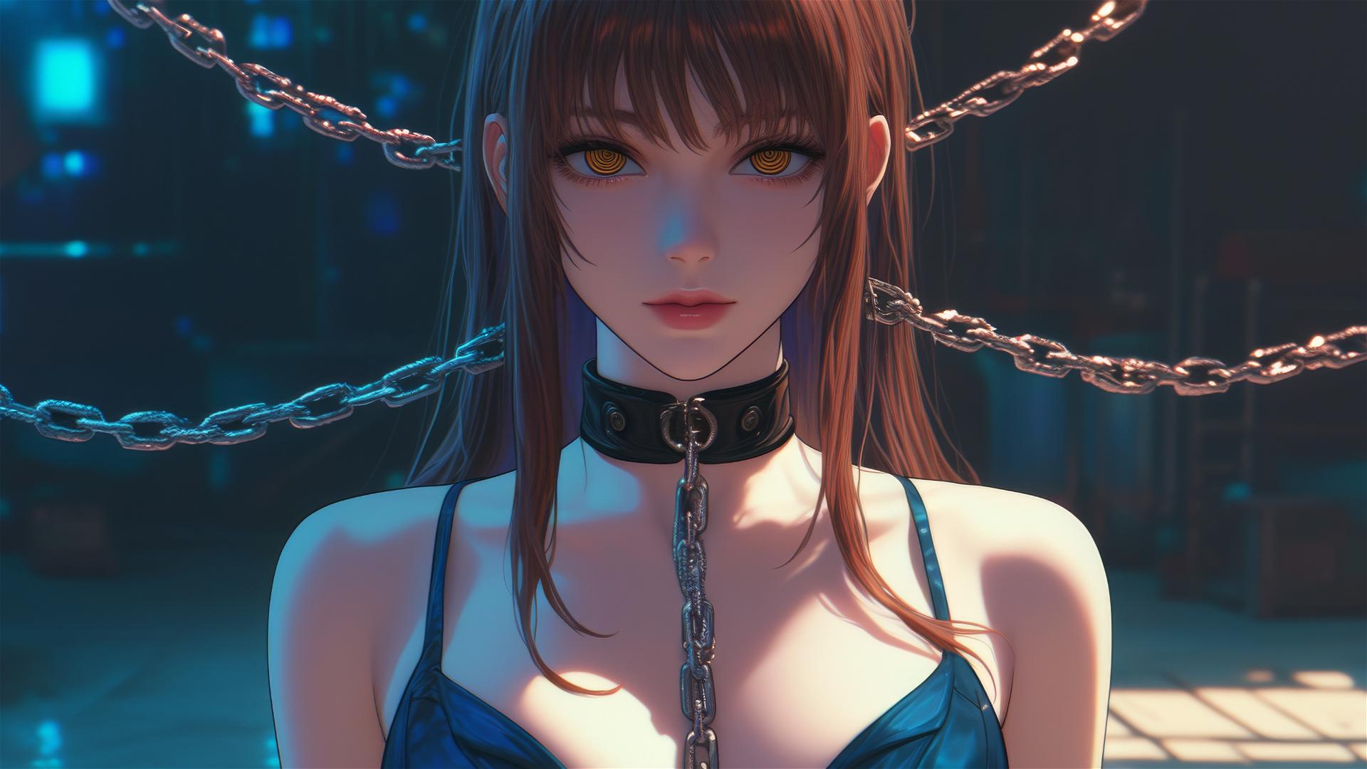 Makima from Chainsaw Man with neck locked in thick iron chains, in a dimly lit basement.
