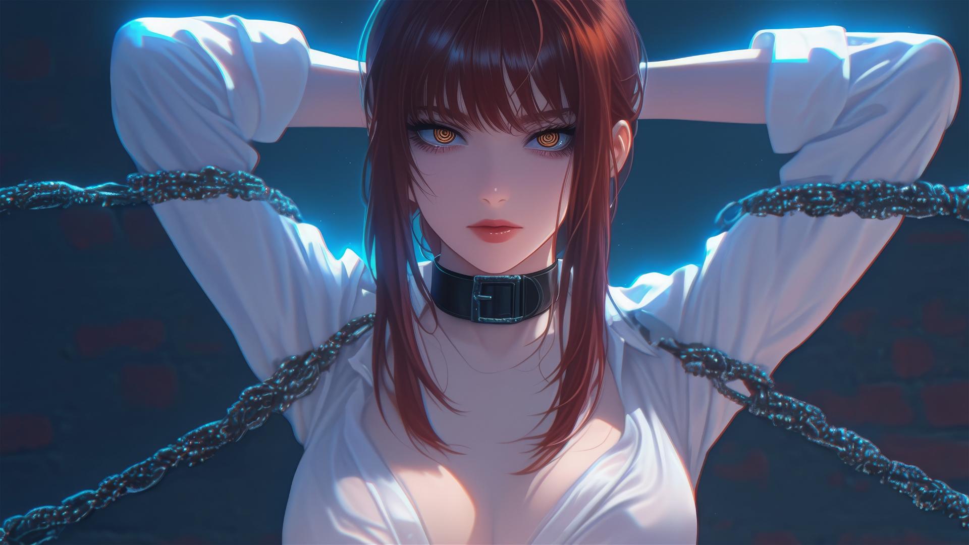 Makima from Chainsaw Man locked with iron chains in a dark basement with dim light