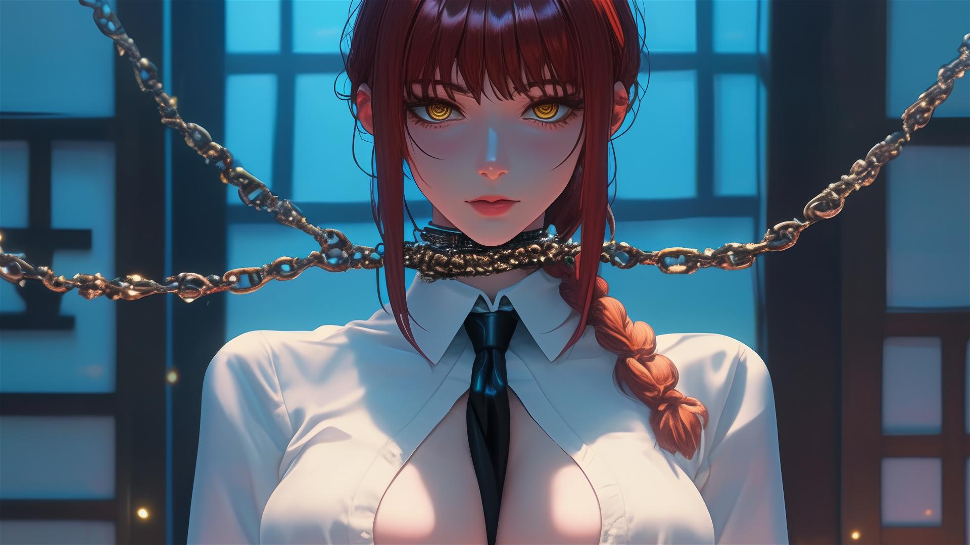 Makima from Chainsaw Man in dark basement, locked with thick iron chains, dim light glow