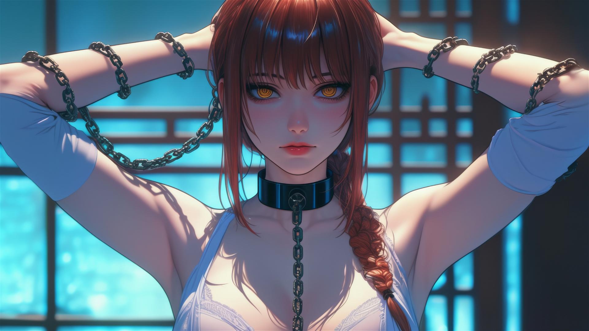 Makima from Chainsaw Man, neck locked with iron chains in a dimly lit basement