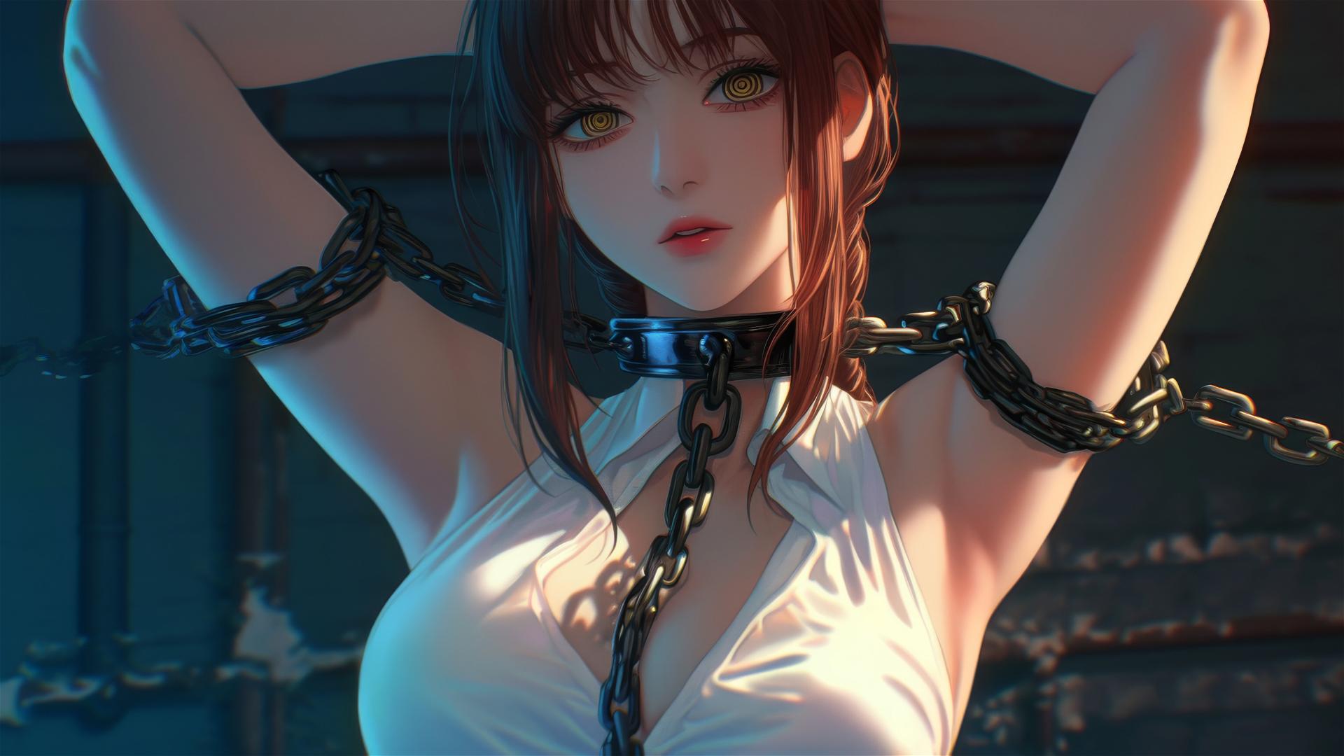 Makima from Chainsaw Man in a dark basement, chained with thick iron chains.
